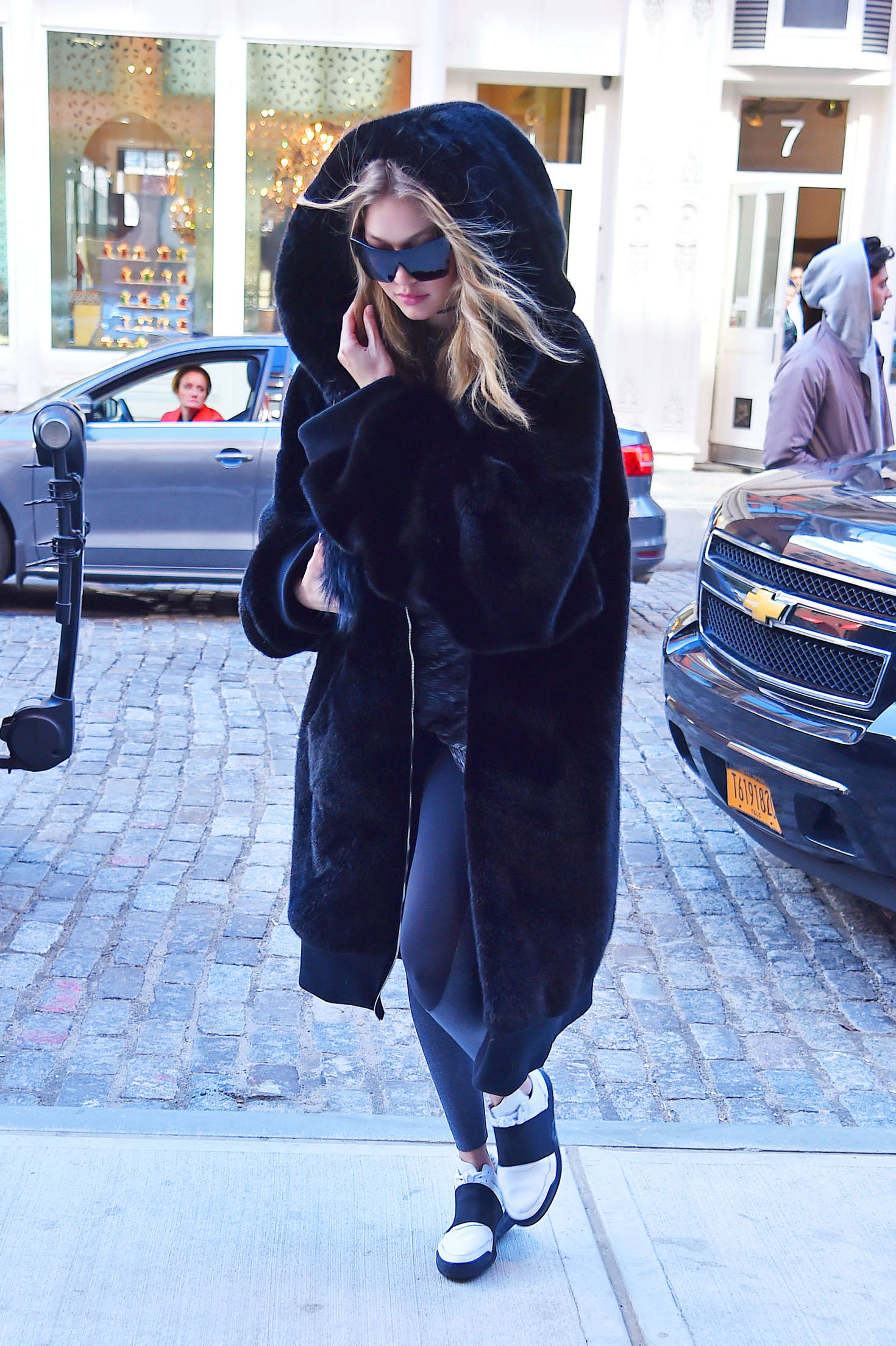 Gigi Hadid in Black Fur Coat Out in New York City