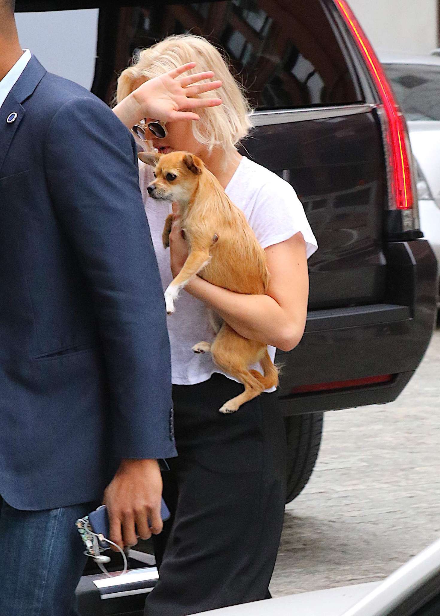 Jennifer Lawrence with her dog out in New York