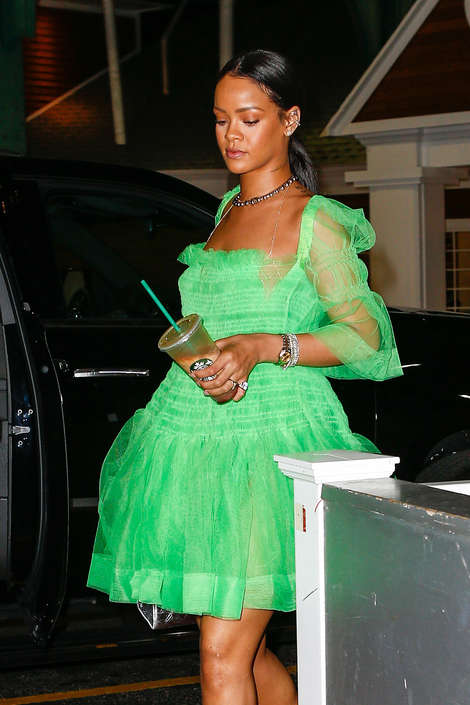 Rihanna in Green Mini Dress out in New York City