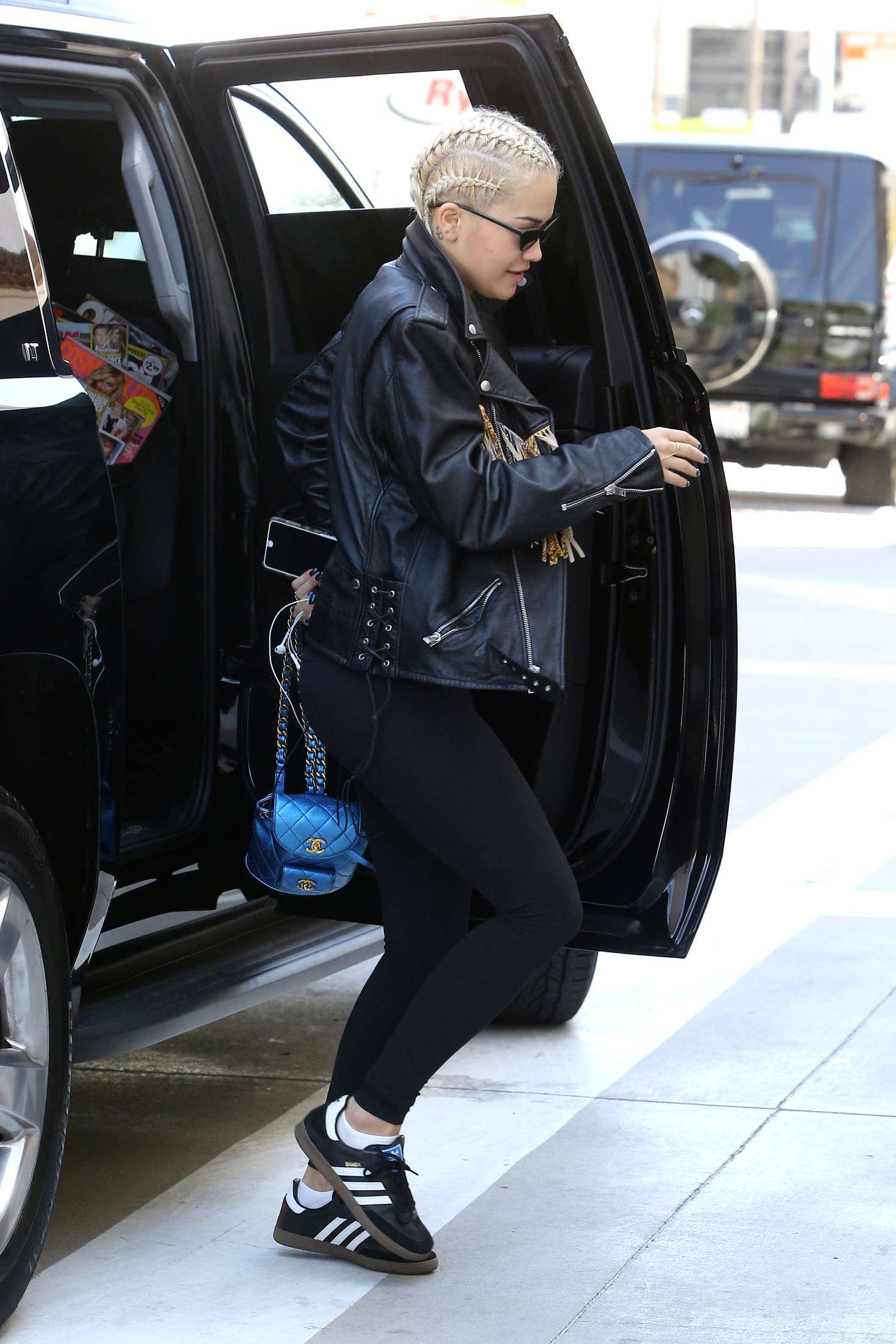 Rita Ora in Tights and Leather Jacket in Beverly Hills