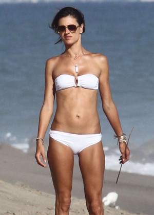 Alessandra Ambrosio in White Bikini on Malibu Beach