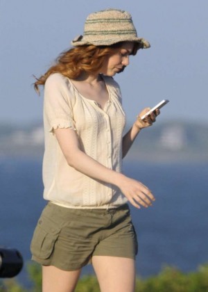 Emma Stone on a film set in Newport, Rhode Island