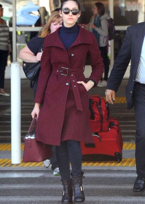 Emmy Rossum in Red Coat at LAX Airport in LA