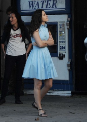 Emmy Rossum in Blue Dress Filming 'Shameless' set in Hollywood
