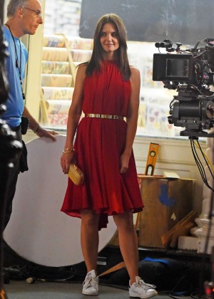 Katie Holmes in Red Dress Filming a commercial at SoHo in New York City