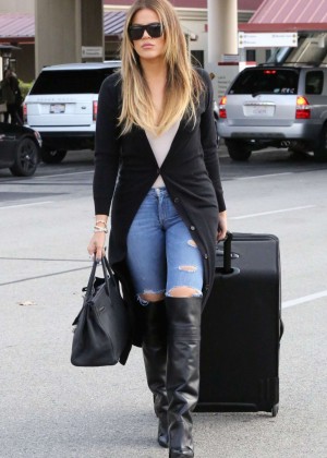 Khloe Kardashian in Tight Ripped Jeans at Burbank Airport