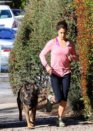 Nikki Reed in Leggings Jogging with her dog in LA