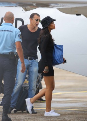 Rihanna in Black Mini Dress Leaving St. Barts