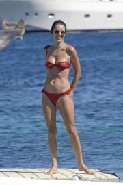 Alessandra Ambrosio in Red Bikini at the beach in Mykonos