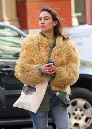 Alexa Chung in Fur Caot Out in New York