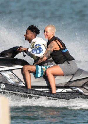 Amber Rose and boyfriend 21 Savage ride a jet ski in Miami Beach