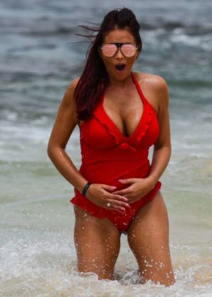 Amy Childs in Red Swimsuit at a beach in Cape Verde