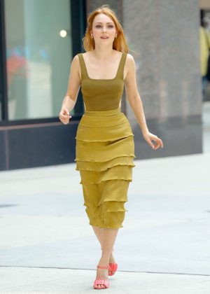 AnnaSophia Robb in Olive Green Dress - Out in New York City