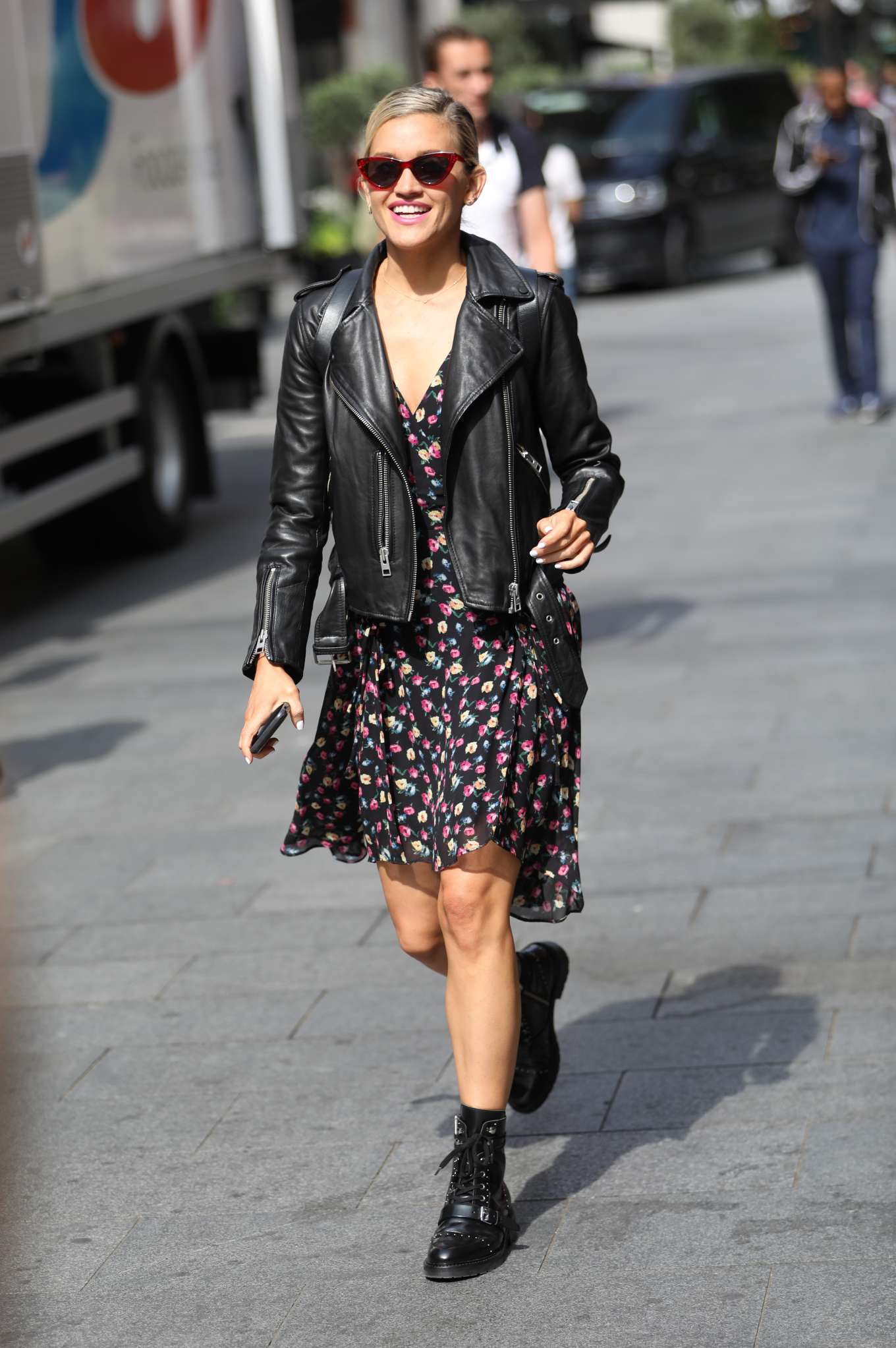 Ashley Roberts in Floral Dress and Leather Jacket â€“ Out in London