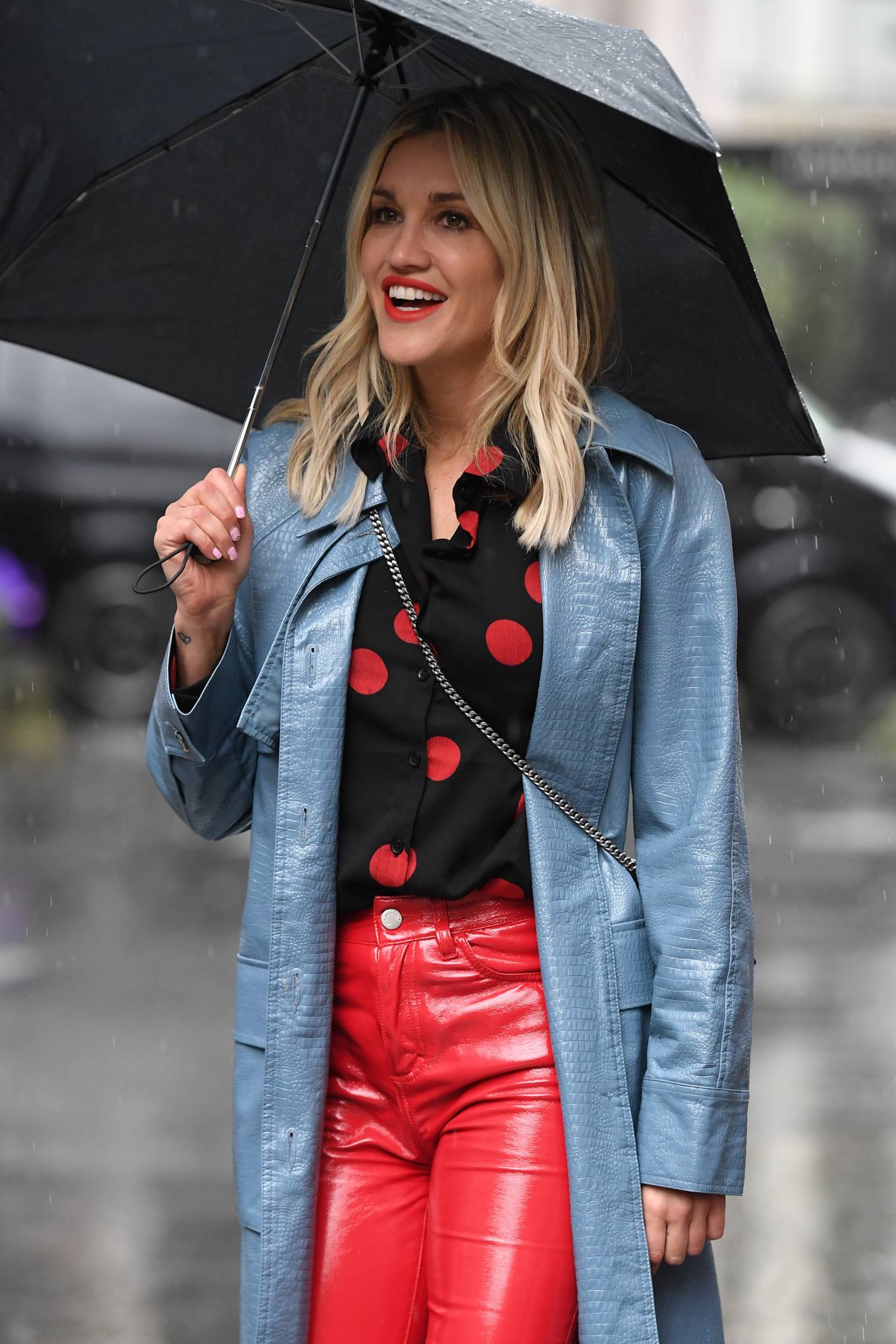 Ashley Roberts in Red Leather Pants â€“ Out on a rainy day in London