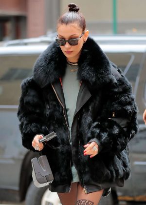 Bella Hadid in Black Fur Caot Out in NYC
