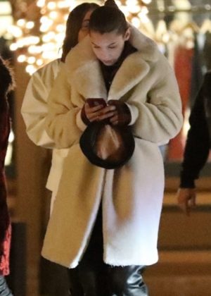 Bella Hadid in Long Fur Coat out in Aspen