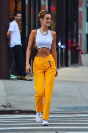 Bella Hadid in Yellow Pants and White Top - Out in NYC