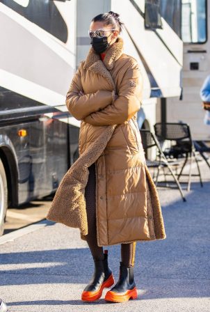 Bella Hadid - Out in a winter coat on set of a Michael Kors campaign