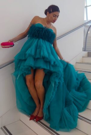 Blanca Blanco - Dons a green gown during a photoshoot in Cannes