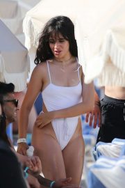Camila Cabello in White Swimsuit on the beach in Miami Beach