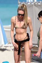 Candice Swanepoel in Animal Print Bikini on the beach in Miami