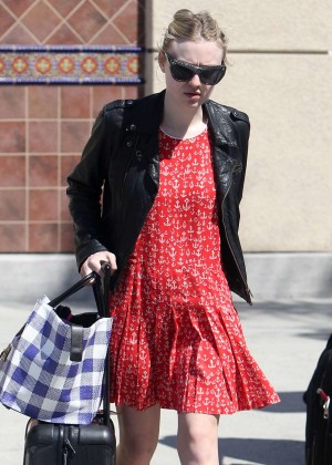 Dakota Fanning in Red Mini Dress at Burbank Airport in LA