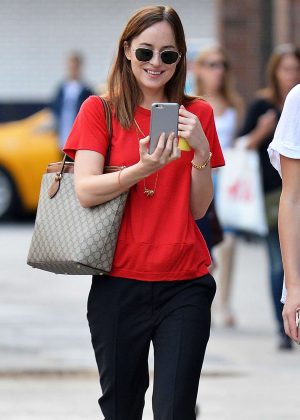 Dakota Johnson in Red T-Shirt Out in New York