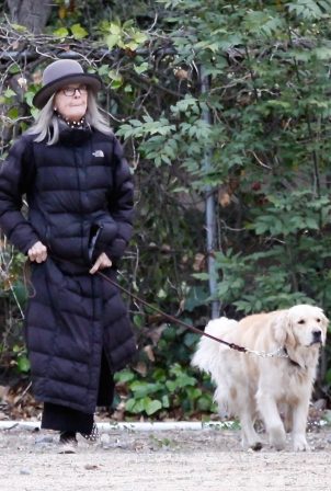Diane Keaton - With her golden retreiver Reggie out for a walk in Brentwood