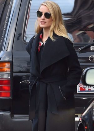 Dianna Agron in a long coat out in New York