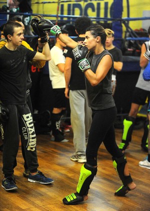 Elisabetta Canalis kickboxing in the gym in Milan