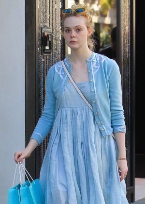Elle Fanning in Blue Dress - Shopping on Rodeo Drive in Beverly Hills