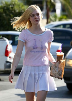 Elle Fanning in White Mini Skirt Out in LA