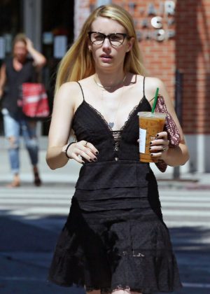 Emma Roberts in Black Mini Dress at a Starbucks in Brentwood