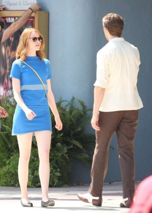 Emma Stone in Blue Dress on the set of ‘La La Land’ in Los Angeles ...