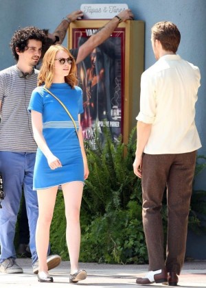 Emma Stone in Blue Dress on the set of ‘La La Land’ in Los Angeles ...