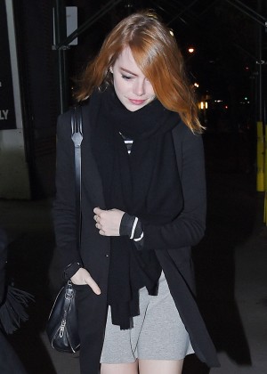 Emma Stone in Shorts Skirt out in Tribeca