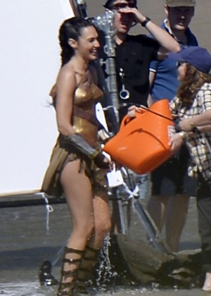 Gal Gadot on the set of 'Wonder Woman' on the beach in Italy