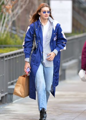 Gigi Hadid in Blue Coat - Out in New York City