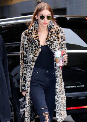 Gigi Hadid in Leopard Print Coat out in New York
