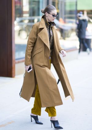 Gigi Hadid in Long Coat out in New York City