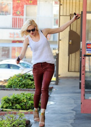 Gwen Stefani in Red Leather Pants out in LA