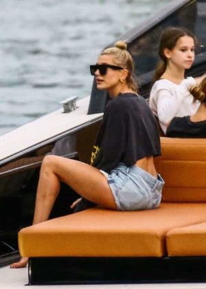 Hailey Baldwin in Jeans Shorts - Out for a boat ride in Miami