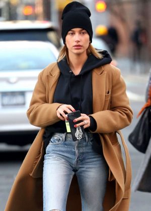 Hailey Baldwin in Long Coat and Jeans out in New York