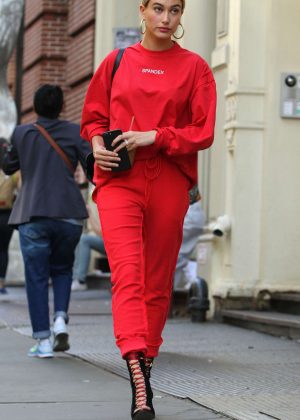 Hailey Baldwin in Red Outfit out in Soho