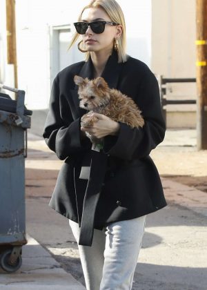 Hailey Baldwin with her new puppy Oscar at Alfred Tea Room in West Hollywood