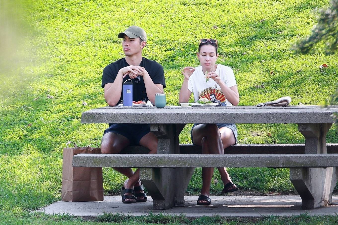 Henry Golding with his wife Liv Lo Golding at a local park in Los Angeles