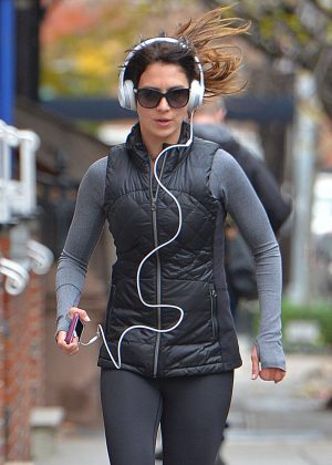 Hilaria Baldwin in Tights jogging in New York City
