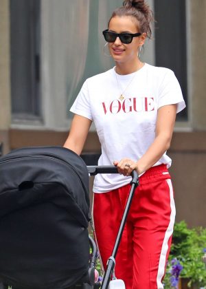 Irina Shayk in Bright Red Tracksuit Pants in NYC