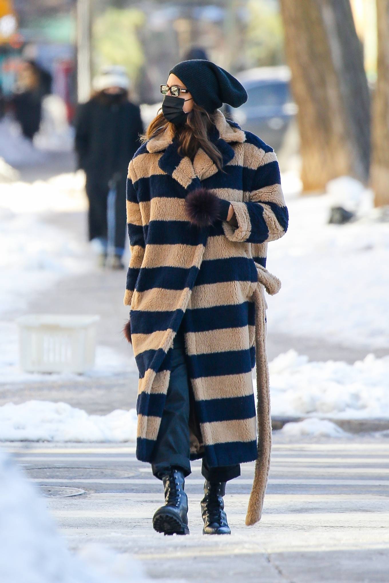 Irina Shayk – Wears striped Max Mara coat while out on a snowy NYC |  GotCeleb